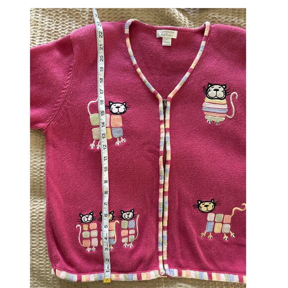 Vintage Christopher Banks Cardigan Sweater Womens L Pink Novelty Cat Print Zip - Picture 6 of 9